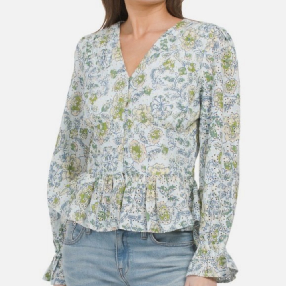 Floral V-Neck Blouse - Green and Blue